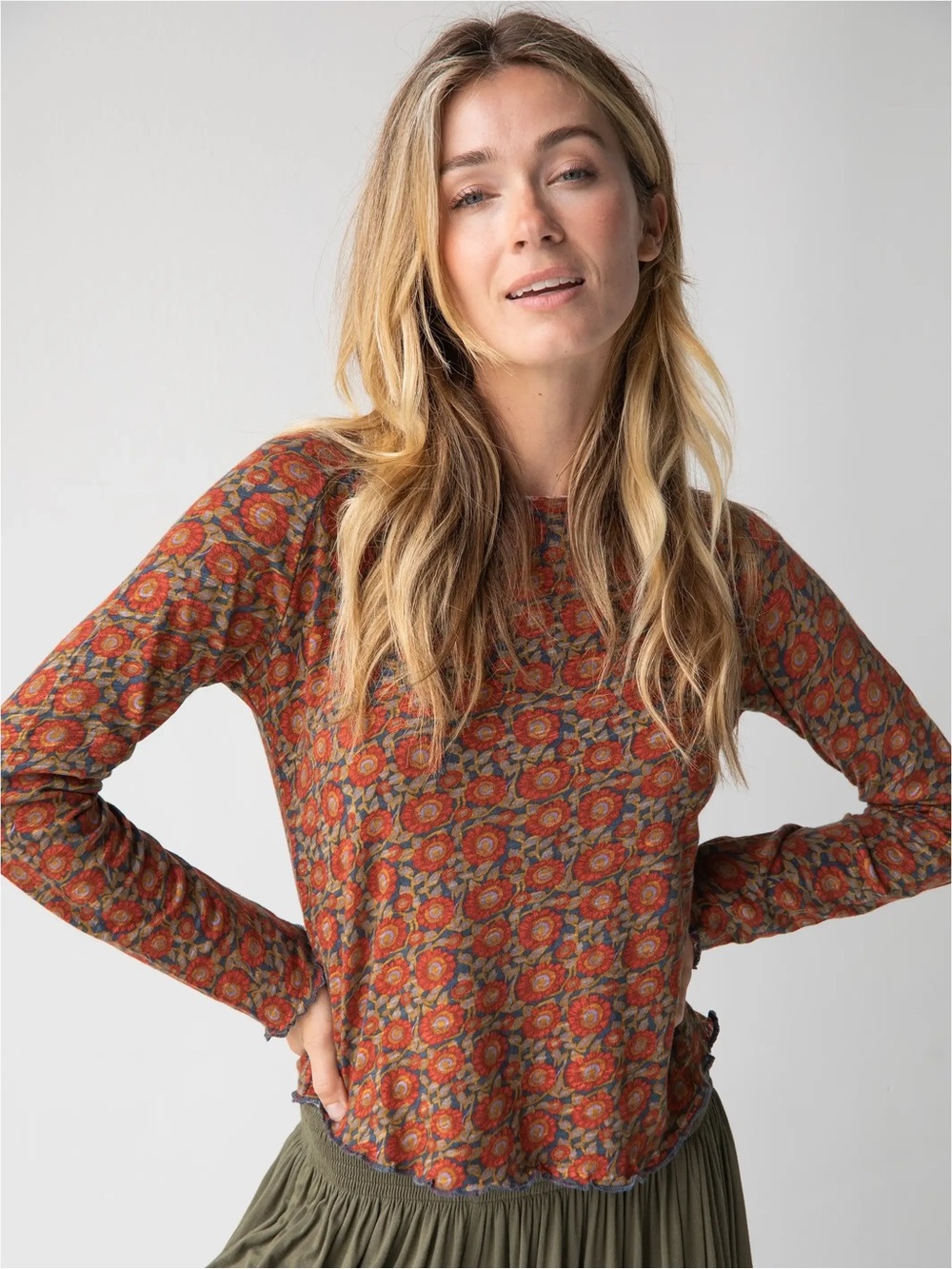 NATURAL LIFE Orange Floral Print Long Sleeve Top Size Small Hippie Boho Cotton